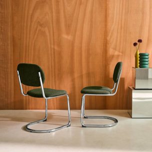 Lot de 2 chaises cantilever arrondie métal. bouclette texturée kaki et pieds chromés - L 47 x P 54.5 x H 81cm - Maloa