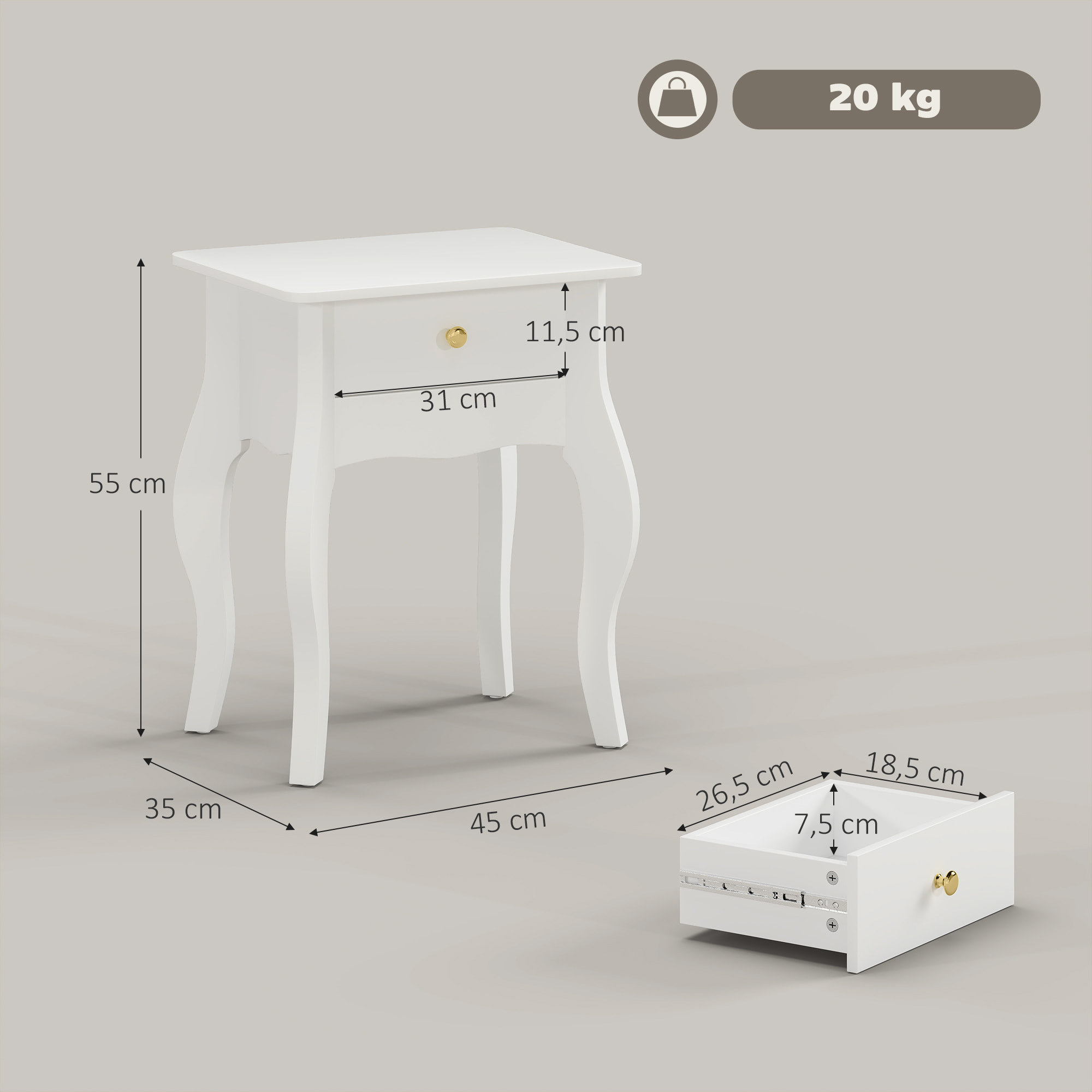 Lot de 2 tables d'appoint, bout de canapé avec pieds courbés, tiroir et plateau spacieux, table basse pour salon, chambre, 45 x 35 x 55 cm, blanc