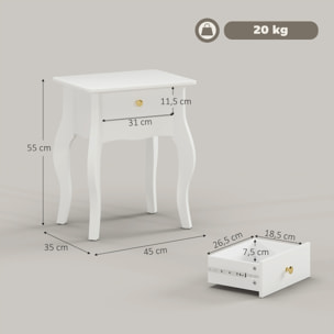 Lot de 2 tables d'appoint, bout de canapé avec pieds courbés, tiroir et plateau spacieux, table basse pour salon, chambre, 45 x 35 x 55 cm, blanc