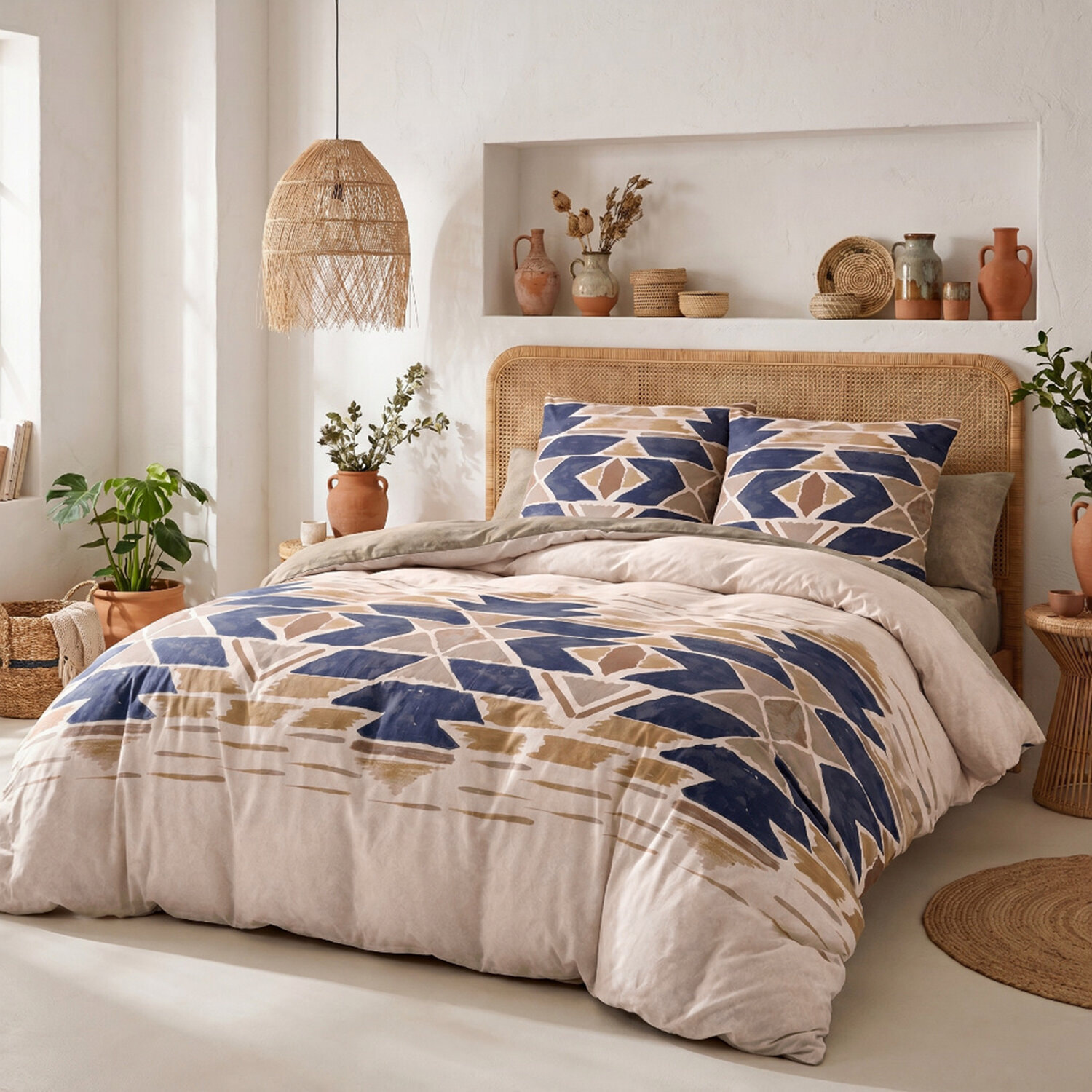 Parure housse de couette 260x240 cm imprimée graphique bohème + 2 taies 100% Coton - APOTEK
