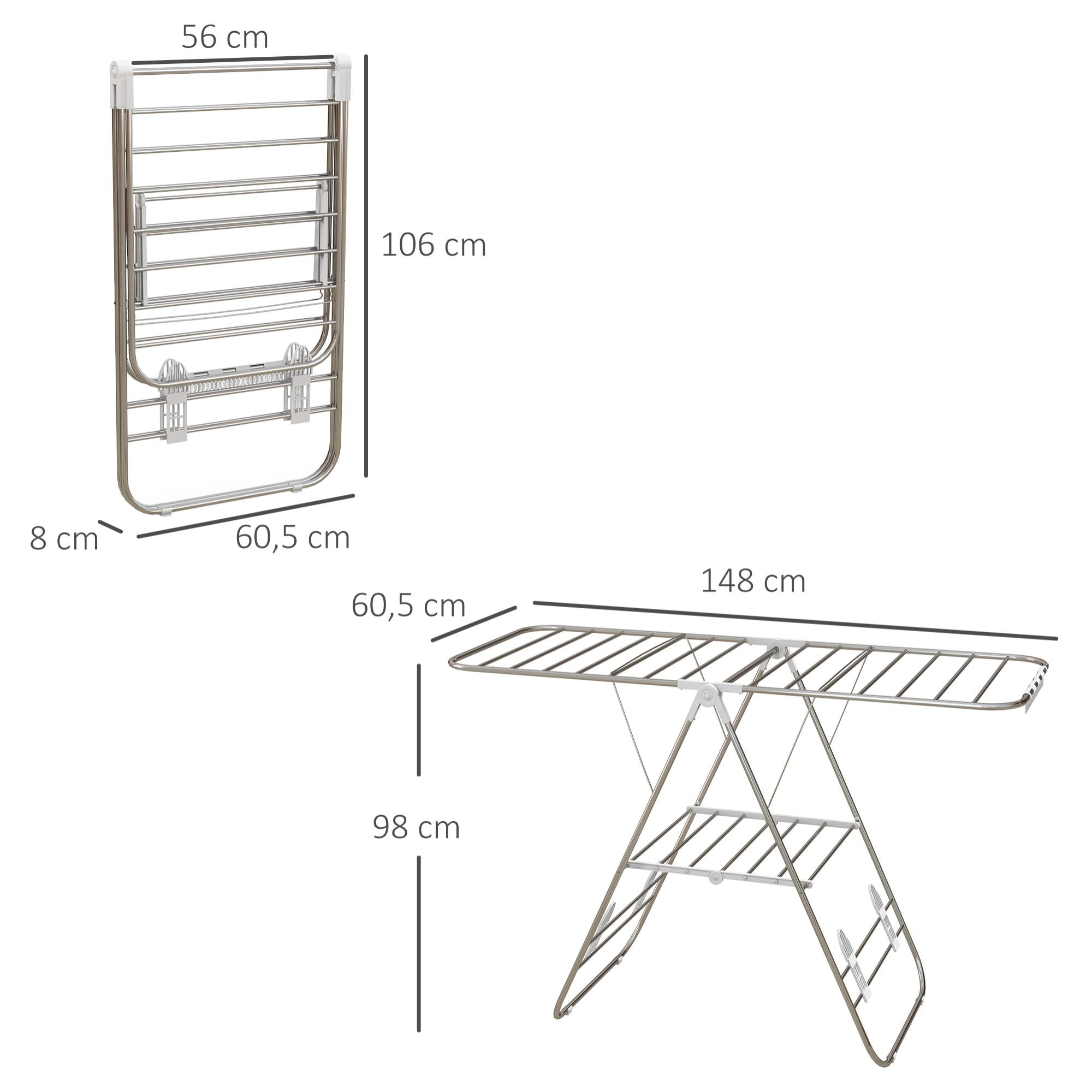 Séchoir à linge pliable sur pied - étendoir 2 niveaux ajustables - acier PP blanc