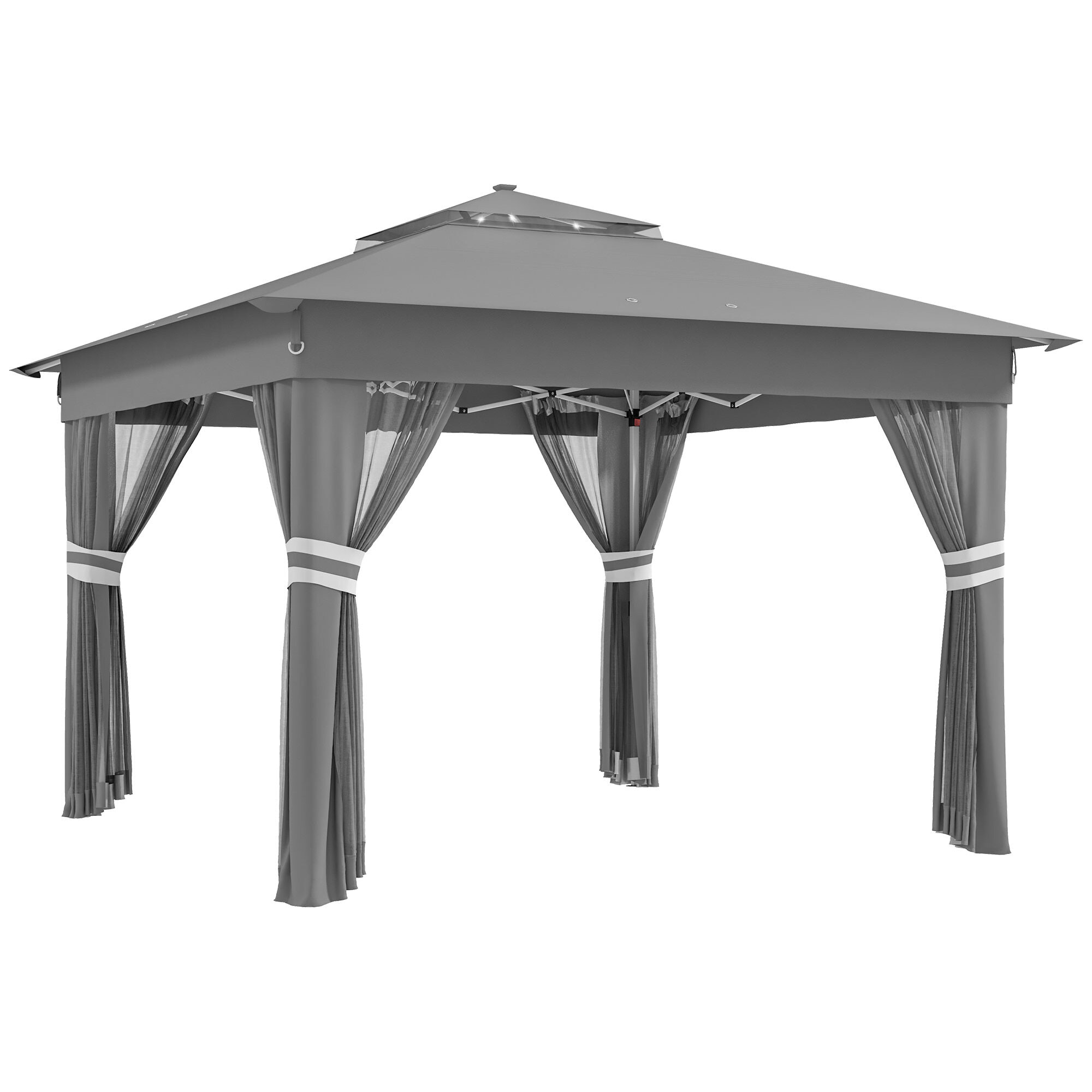 Carpa Plegable 3x3 m Cenador de Jardín con Doble Techo 4 Mosquiteras 20 Luces LED Solares Altura Ajustable Mando a Distancia y Bolsa de Transporte para Jardín Patio Fiestas Gris