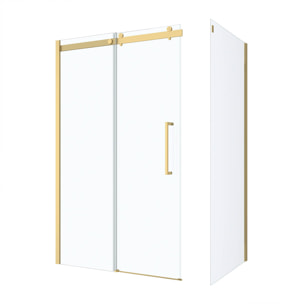 Pack Porte de Douche Coulissante 120x200cm et Retour 80cm - Or Doré Brossé et Verre trempé 6mm
