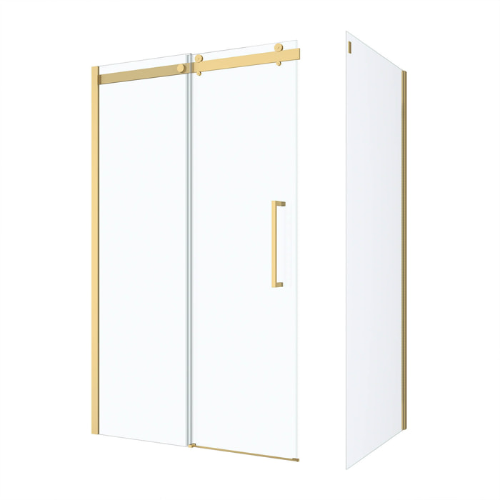 Pack Porte de Douche Coulissante 120x200cm et Retour 80cm - Or Doré Brossé et Verre trempé 6mm