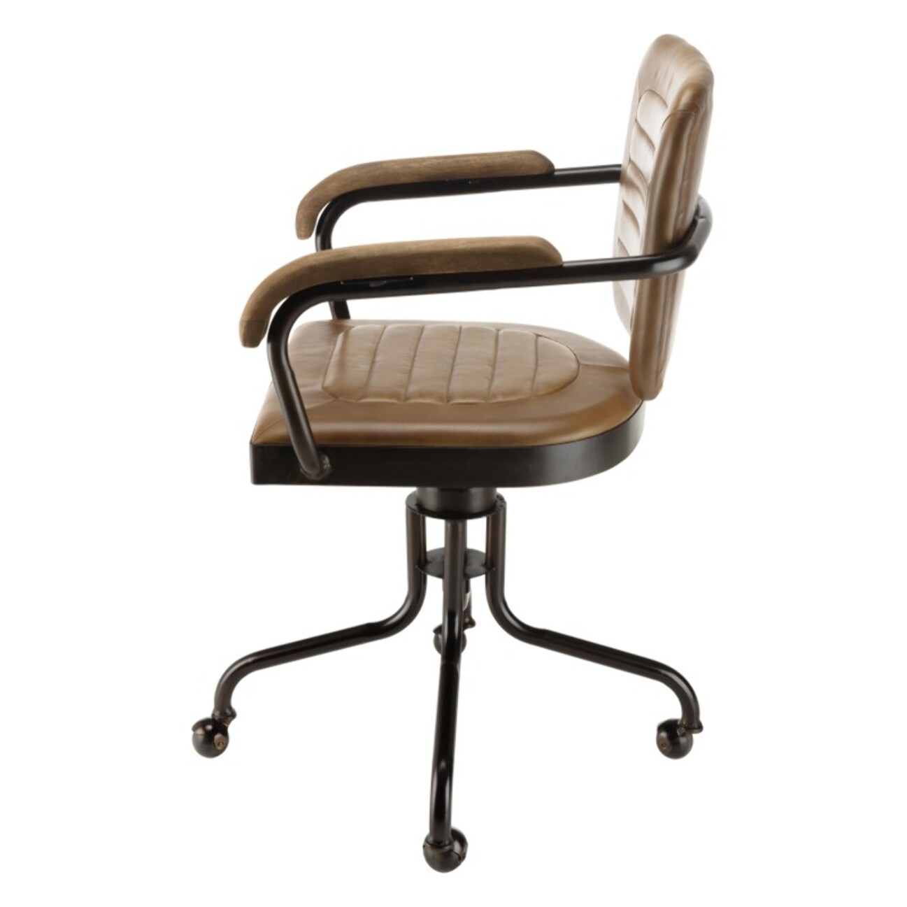 MARCEL - Fauteuil roulettes assise matelassée cuir accoudoirs manguier