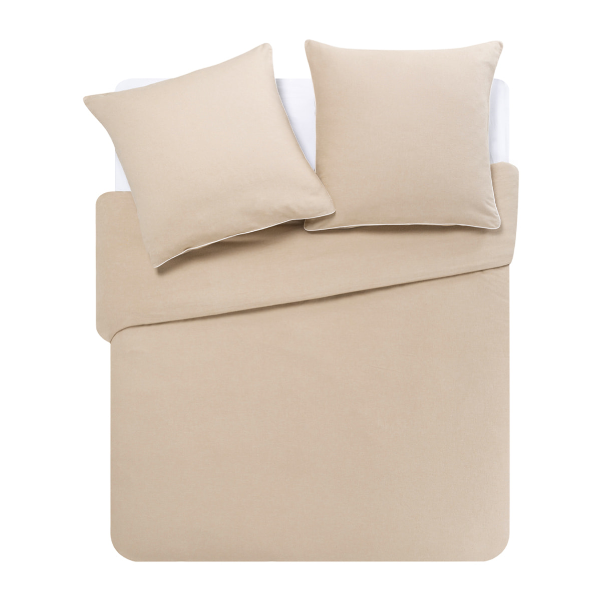 Parure de lit Housse de couette + Taies carrées unie en flanelle de coton chamfray, FRISSON, Beige Sésame