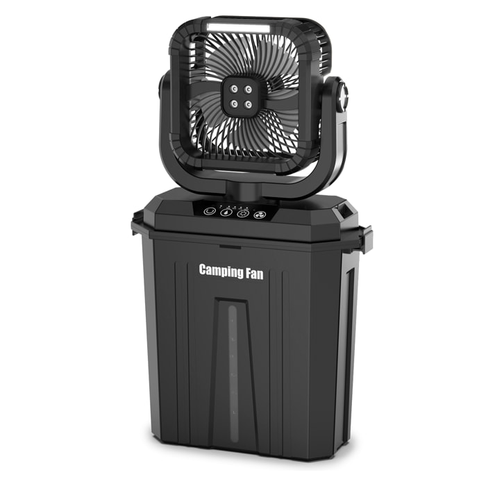 Ventilador F912 de 4 velocidades con depósito de 12L, función de spray, iluminación dual, oscilación y mando remoto. Incluye power bank 20000 mAh, 16 W y viento máx. 4,5 m/s.