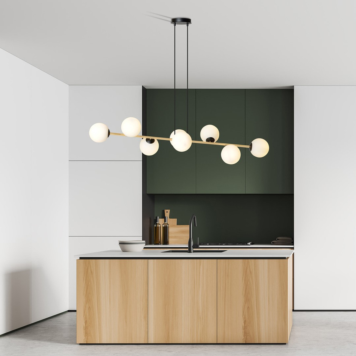 Lampada a sospensione Gravity in acciaio nero e oro con sfere in vetro