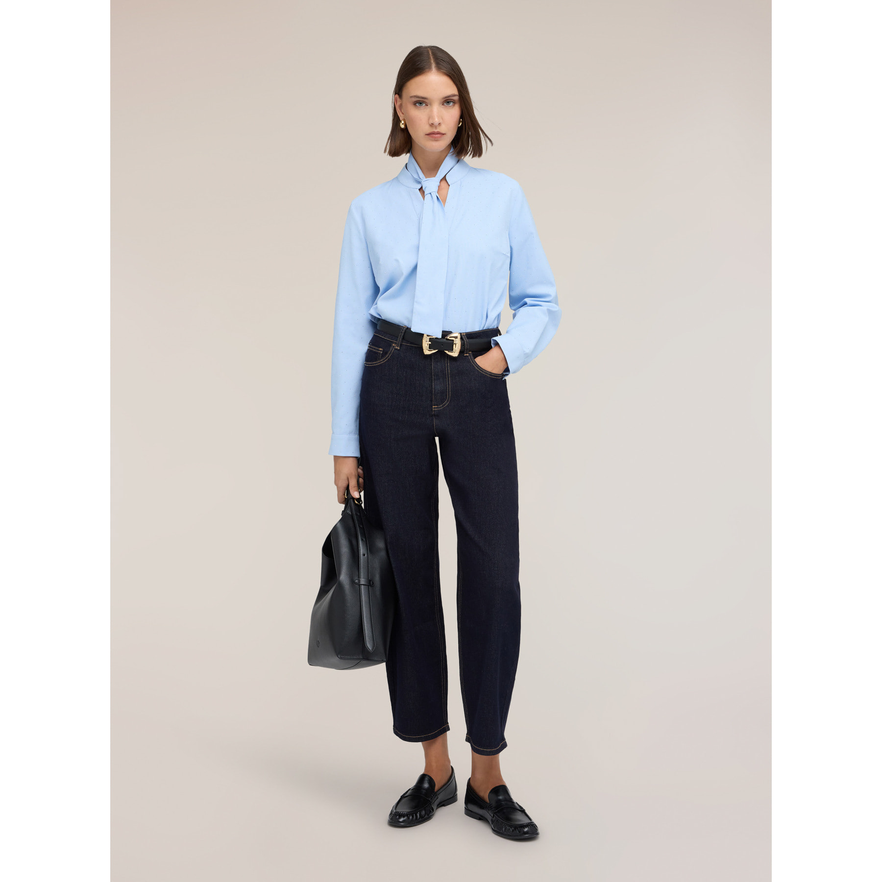 Motivi - Camicia misto cotone con fiocco e micro strass - Azzurro