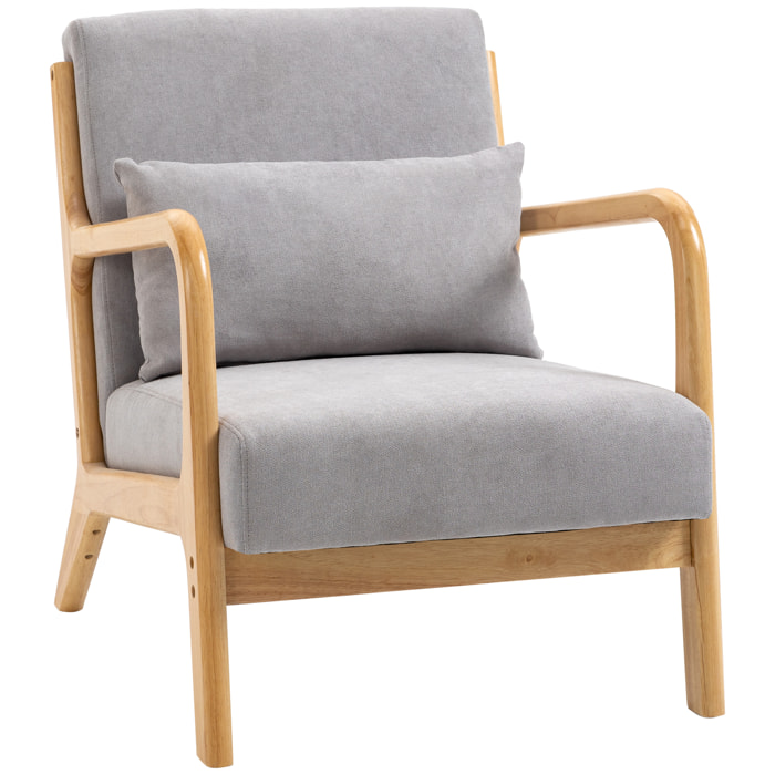 Butaca de Salón Butaca Nórdica Sillón de Salón con Reposabrazos Cojín y Marco de Madera de Caucho para Dormitorio Carga 120 kg 61x78x76 cm Gris