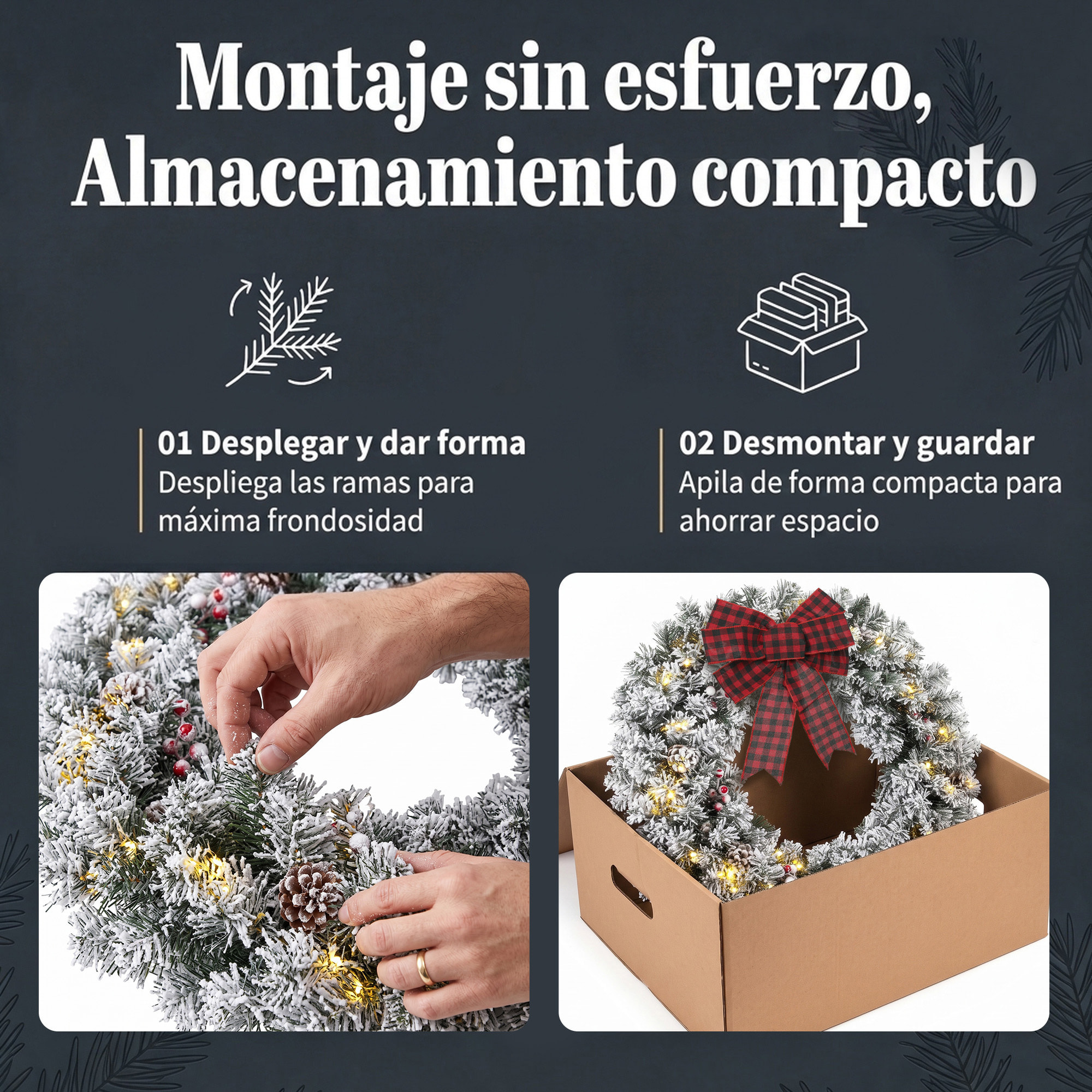 HOMCOM Corona de Navidad Puerta Efecto Nevado con 50 LED Luces, 8 Modos, Guirnalda de Navidad con Piñas, Bayas y Lazo Festivo, Corona Navideña Artificial, Decoración para Chimenea, Pared, Ventana