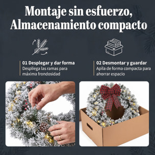HOMCOM Corona de Navidad Puerta Efecto Nevado con 50 LED Luces, 8 Modos, Guirnalda de Navidad con Piñas, Bayas y Lazo Festivo, Corona Navideña Artificial, Decoración para Chimenea, Pared, Ventana