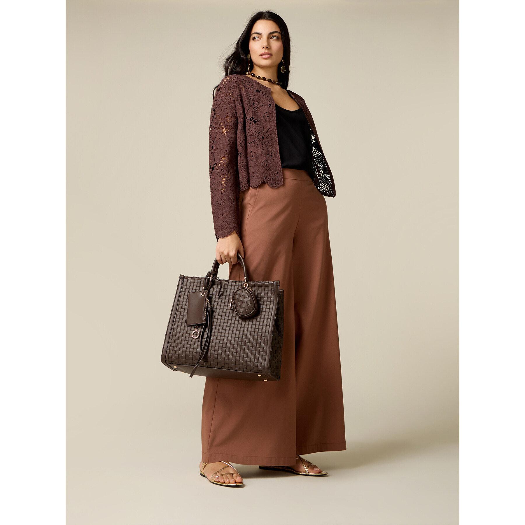 Oltre - Pantalones wide leg mezcla de viscosa - Marrón