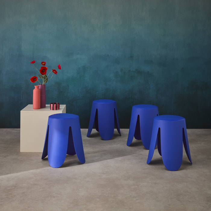 Set de 4 tabourets empilables simili cuir bleu. Niki Ø30 / 44 x H46cm