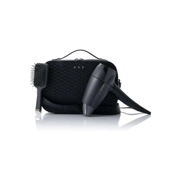Coffret sèche-cheveux de voyage ghd flight+ avec sa mini brosse à cheveux et son vanity voyage