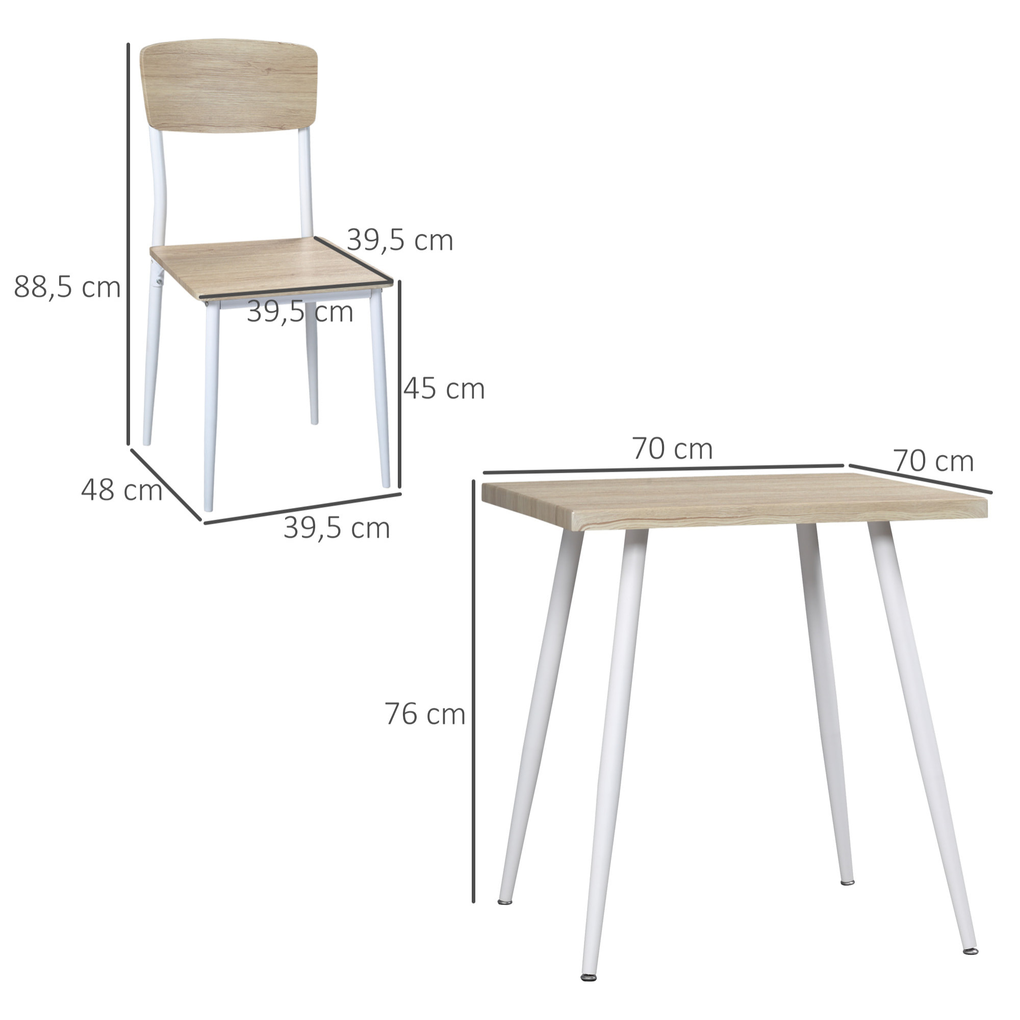 Ensemble table et chaises 3 pièces style nordique piètement effilé acier blanc aspect bois clair