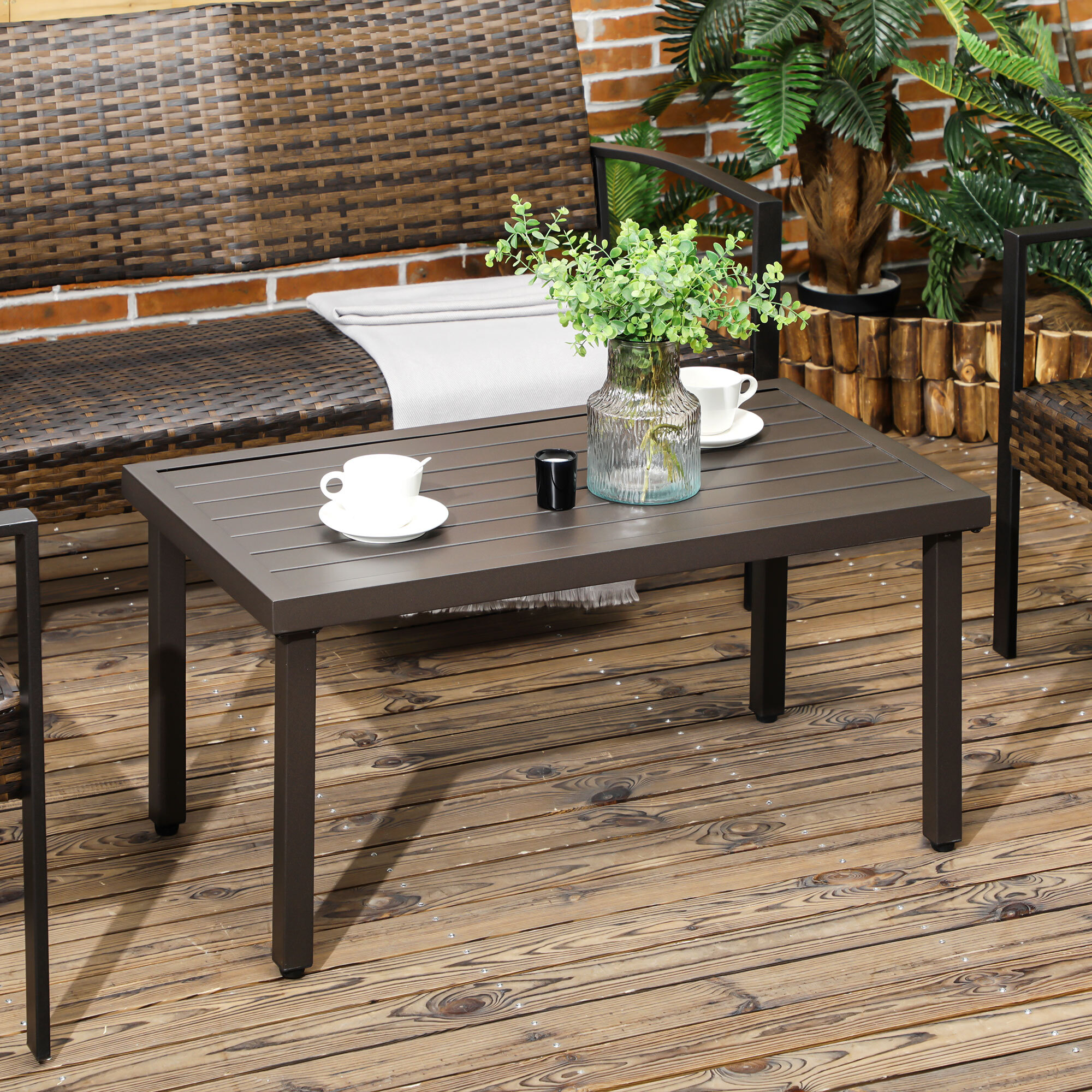 Table basse rectangulaire de jardin plateau à lattes pieds réglables dim. 91L x 51l x 46H cm acier marron