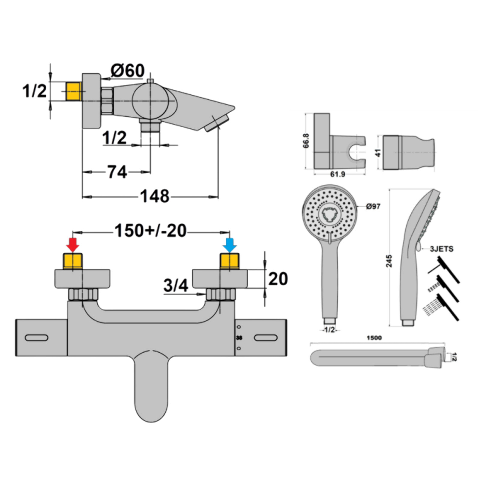 Mitigeur bain douche thermostatique PAINI Ruby + Minikit douchette 3 jets rond Ruby Noir mat