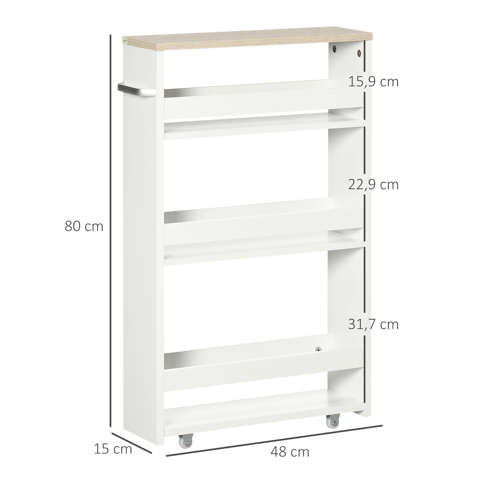 Meuble bas colonne rangement salle de bain à roulettes 3 niveaux dim. 48L x 15l x 80H cm MDF panneaux blanc aspect chêne clair