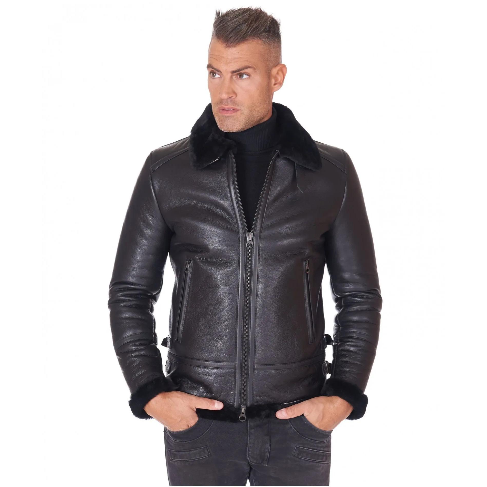 Montone Shearling nero biker uomo collo camicia con fibbia