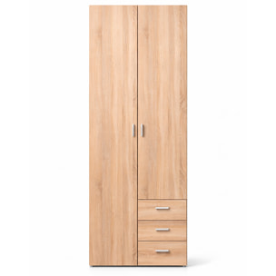 Armadio Mobile Multiuso 2 Ante 3 Cassetti Camera Da Letto Cameretta Appendiabiti E Ripiani Interni Moderno Salvaspazio 200.4 x 77.6 x 49.5 Cm Rovere