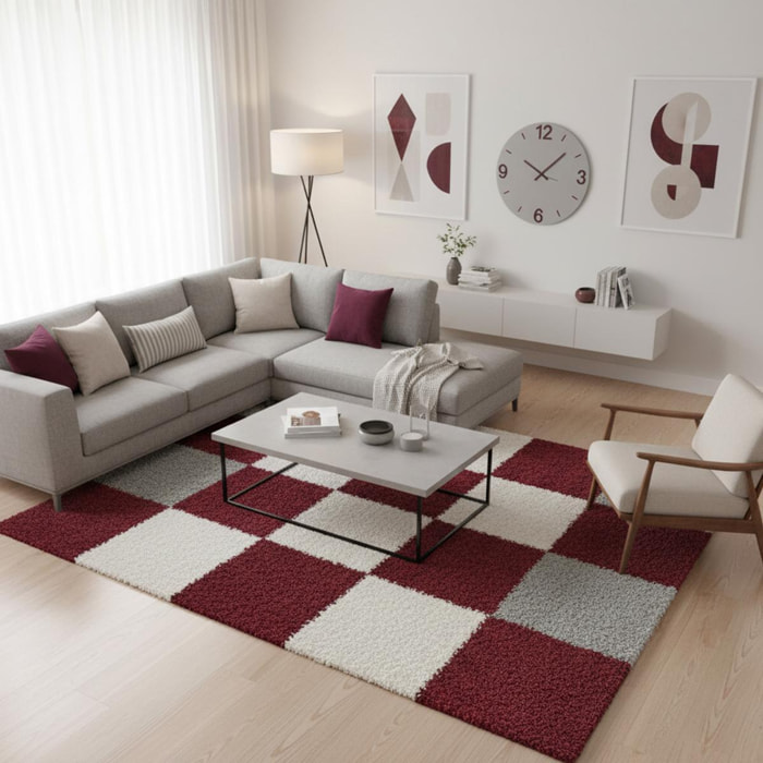 Tapis poils longs shaggy tissé motif damier JOJU