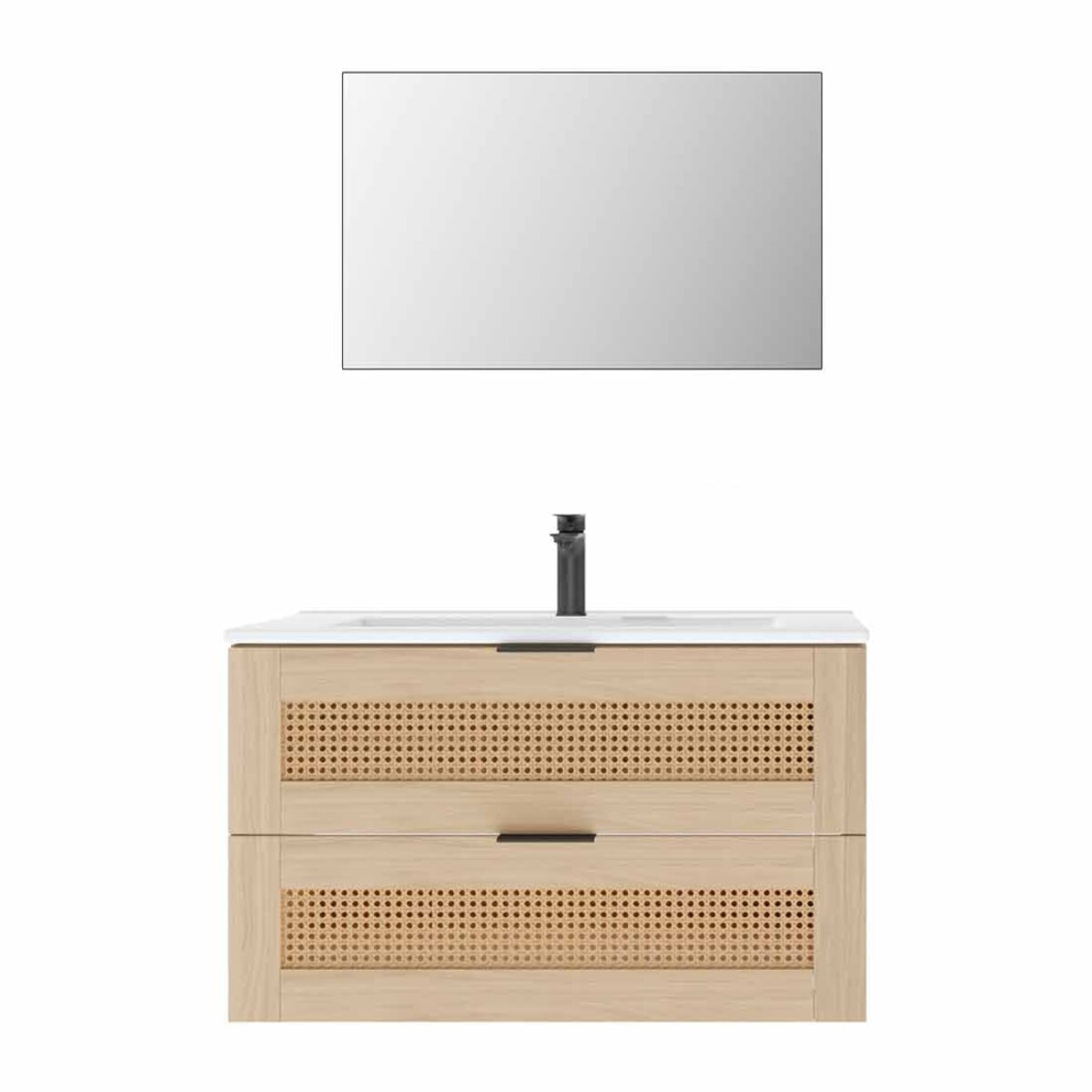 Meuble salle de bain cannage Apolline 60cm décor bois et cannage - 2 tiroirs, vasque et miroir