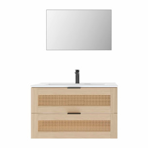 Meuble salle de bain cannage Apolline 60cm décor bois et cannage - 2 tiroirs, vasque et miroir