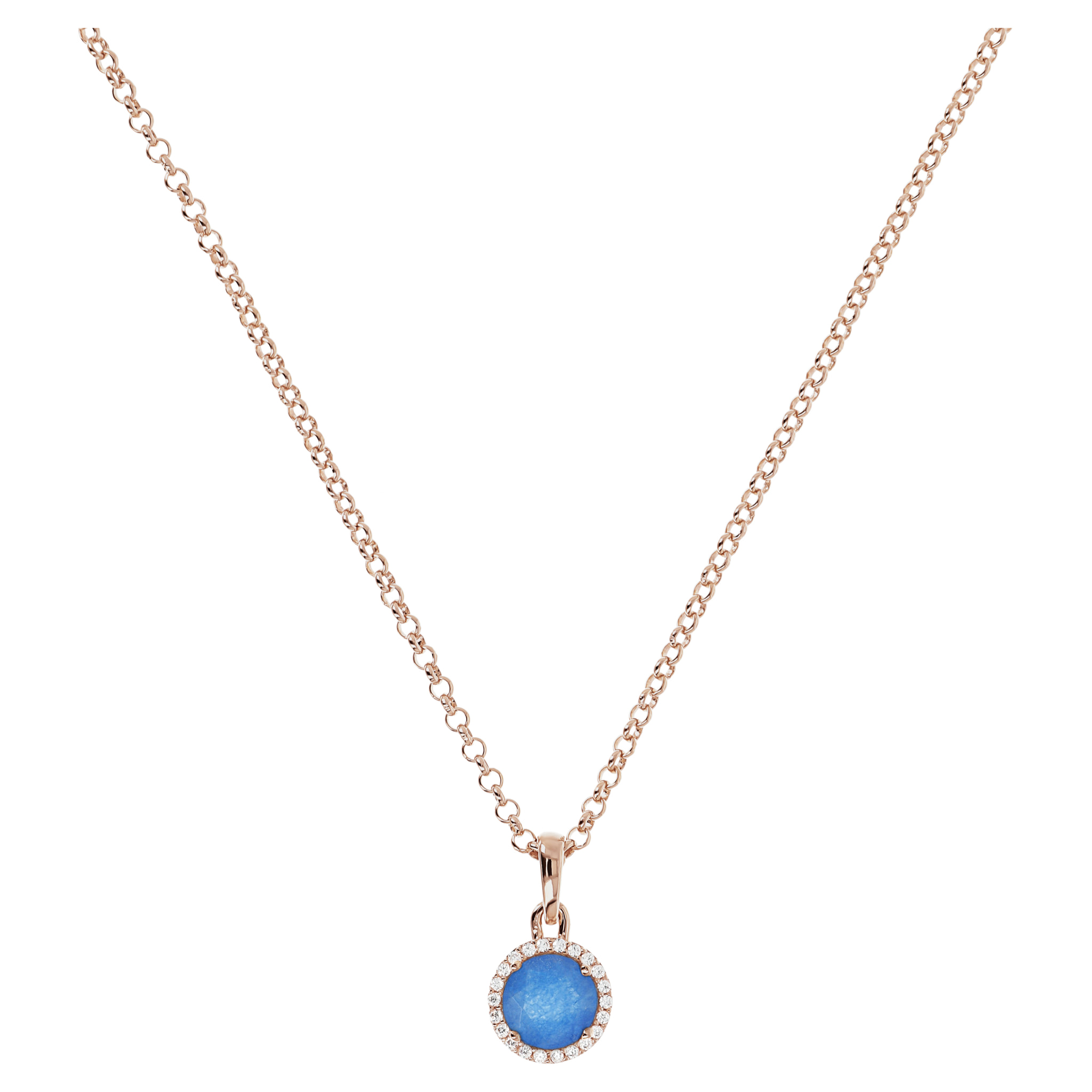 Collana Catena Rolo con Pendente Tondo in Calcedonio Blu e Cubic Zirconia