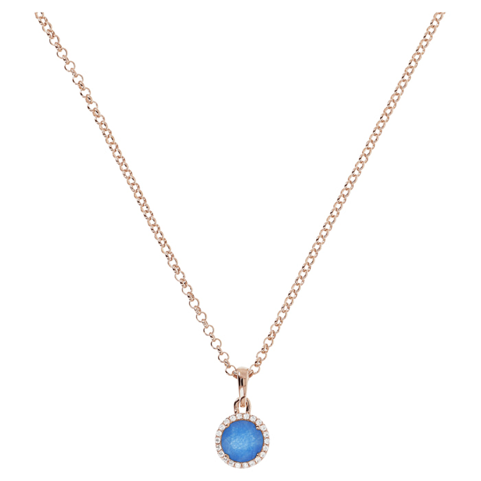 Collana Catena Rolo con Pendente Tondo in Calcedonio Blu e Cubic Zirconia