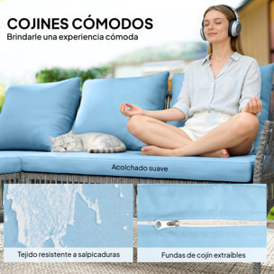 Conjunto de Jardín de Ratán de 3 Piezas, Muebles Jardín Exterior Incluye 1 Sofá de 2 Plazas, 1 Sofá Esquinera, 1 Mesa de Centro con Tablero de Vidrio Templado, Cojines, Resistente, Azul Claro