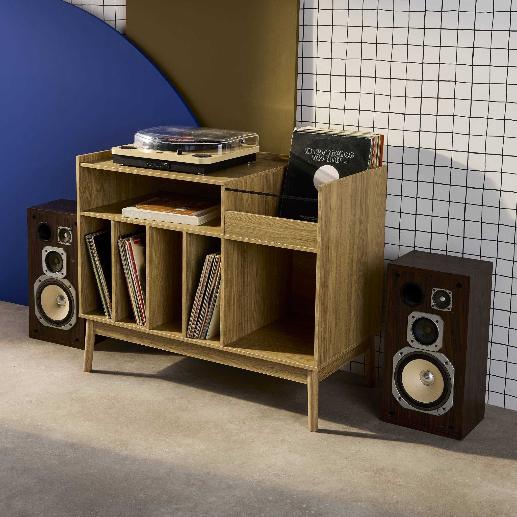 Meuble vinyle vintage décor bois 100cm DUNE