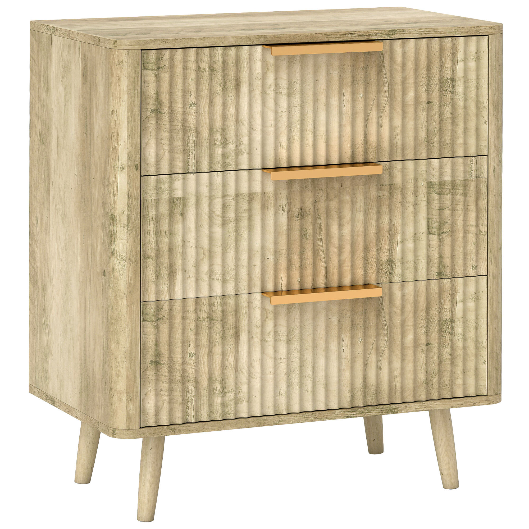 Commode 3 tiroirs effet bois façades cannelées poignées métal doré