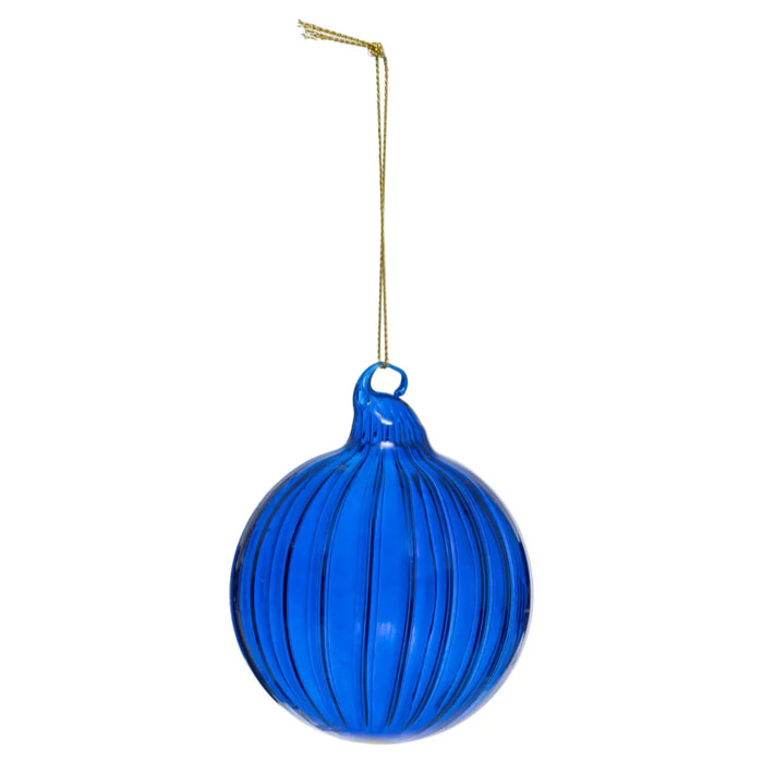 Boule de Noël en verre 80mm strie bleu