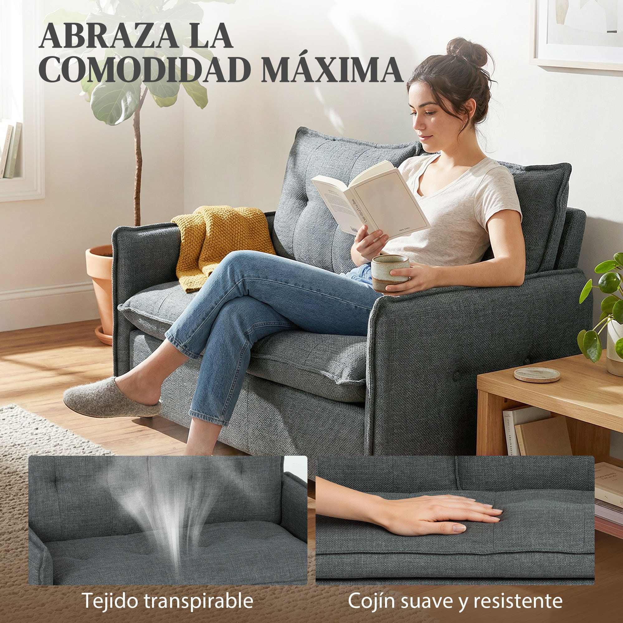 Sofá de 2 Plazas, Tapizado en Lino, Sofá Moderno con Acolchado Grueso, Diseño Capitoné, para Espacios Pequeños, Salón, Dormitorio, Oficina, Sala de Estar, 131x75x85 cm, Gris Oscuro