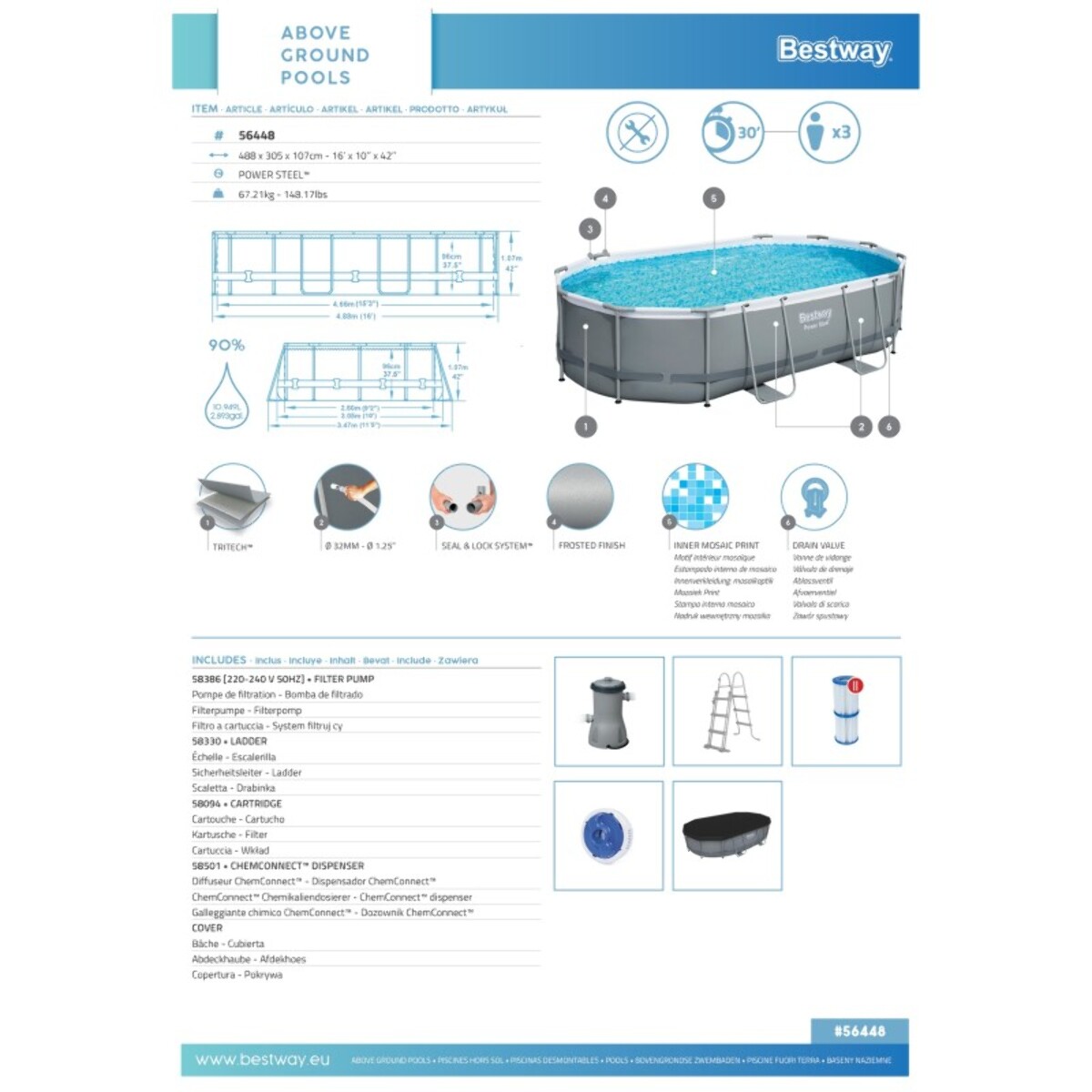 Bestway Piscine hors sol - Ovale - Power Steel - 488 x 305 x 107 cm - Avec accessoires