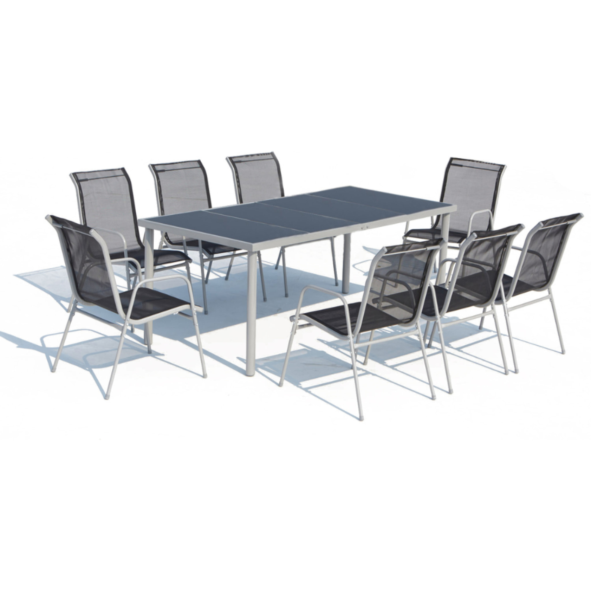 Table de jardin et 8 chaises en acier et toile PVC gris ATIMA