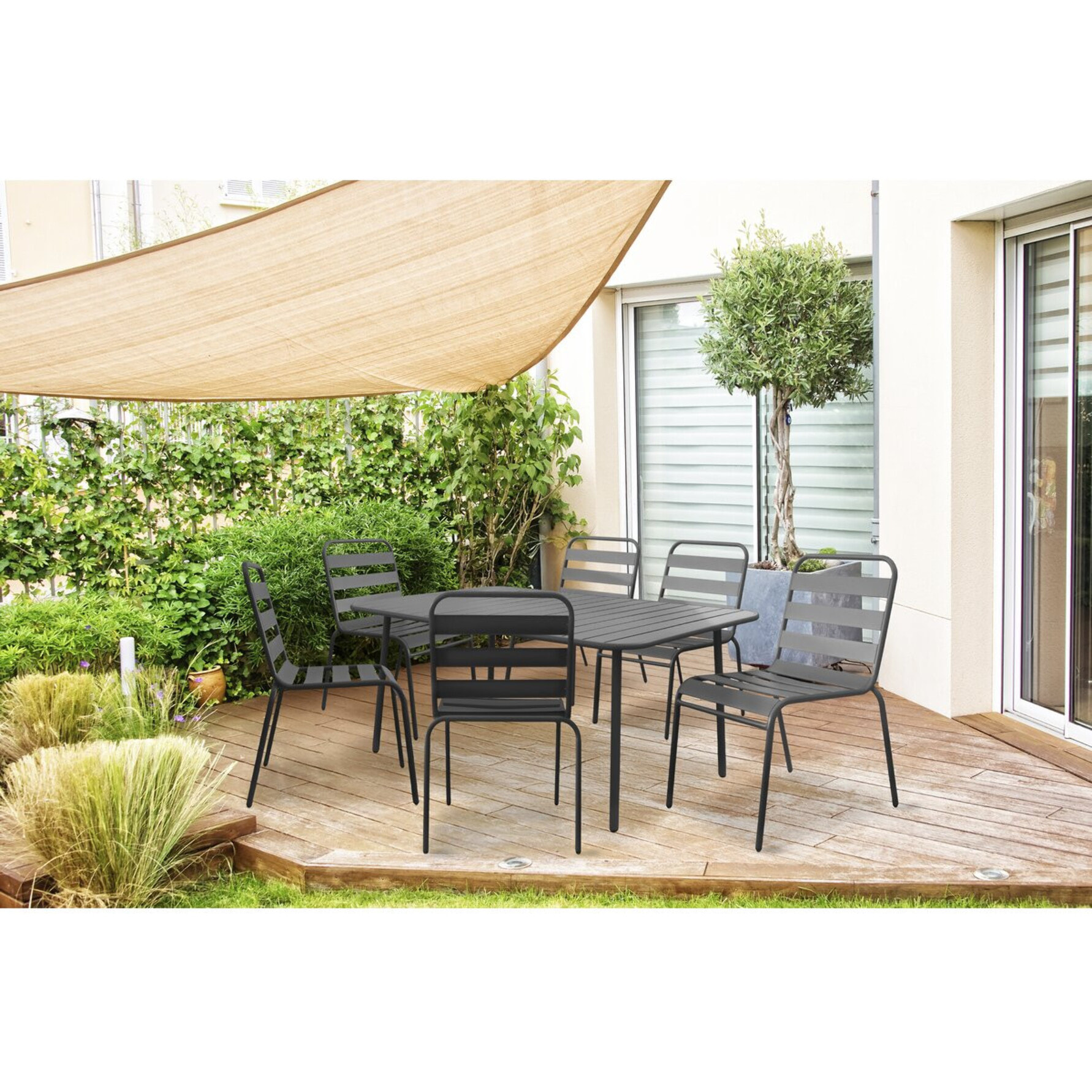 Table et chaises de jardin en métal "Bilbao" - 6 places - Gris