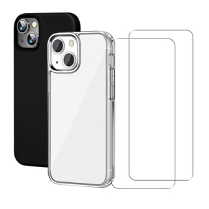 Lot de 2 Coques iPhone 13 Transparente et Noire Antichoc Silicone + 2 Vitres en verre trempé Protection écran