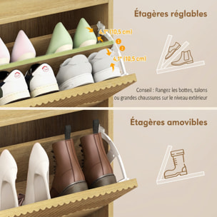 Meuble à chaussures style bohème chic 3 portes abattantes aspect bois clair sculpté