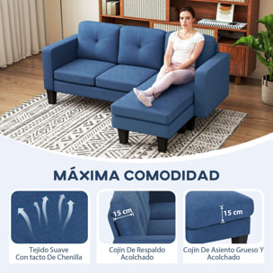 Sofá Chaise Longue Reversible, Sofá de 3 Plazas en Forma de L, Tapizado en Chenilla, Asiento y Respaldo Acolchados, Estructura de Acero, 186x130x84 cm, Azul
