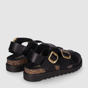 Sandalias de Piel - Negro - Tacón: Bajo