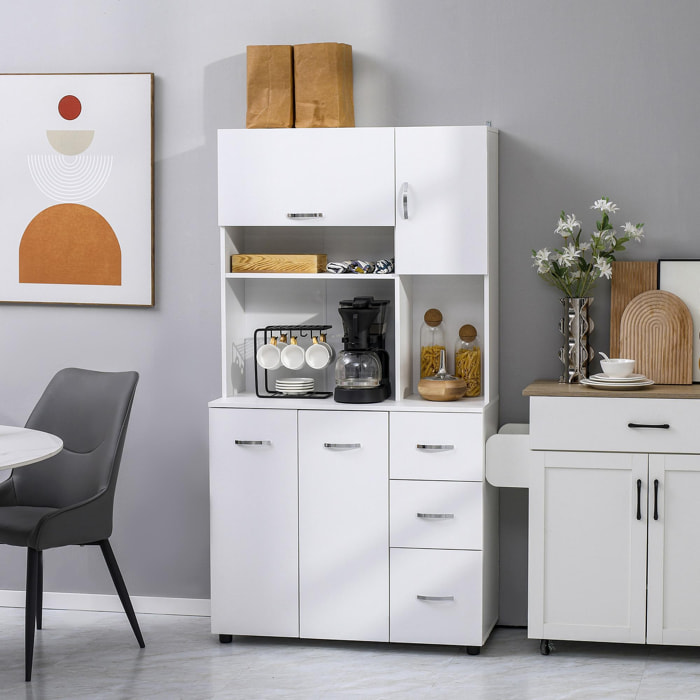 Armoire de cuisine multi-rangement 4 portes 3 tiroirs étagère + grand plateau 89L x 39l x 168H cm MDF blanc