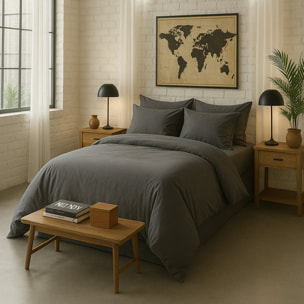 Drap housse percale de coton lavé gris magnet