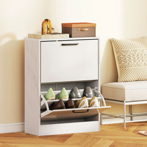 Zapatero Estrecho 2 Puertas de Alto Brillo, Zapatero Entrada Recibidor, Estantes Ajustables, Diseño Mármol, para 8 Pares de Zapatos, para Pasillo, Espacios Reducidos, 60x24x80 cm, Blanco