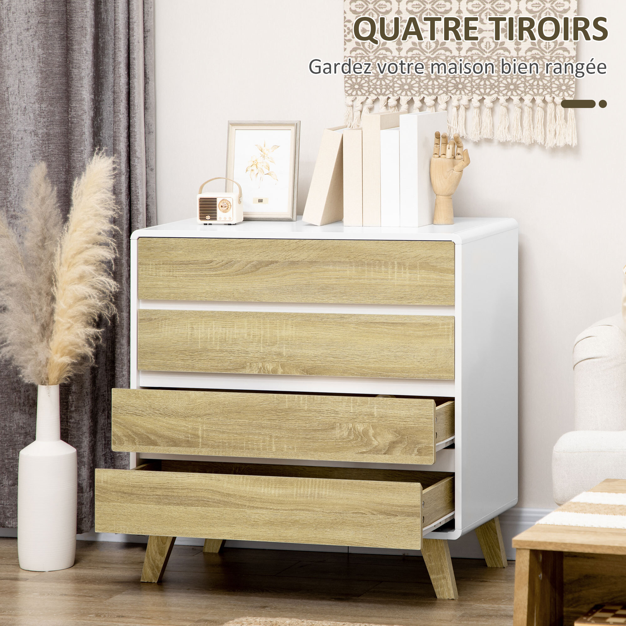 Commode design scandinave - 4 tiroirs - MDF panneaux blanc aspect chêne clair