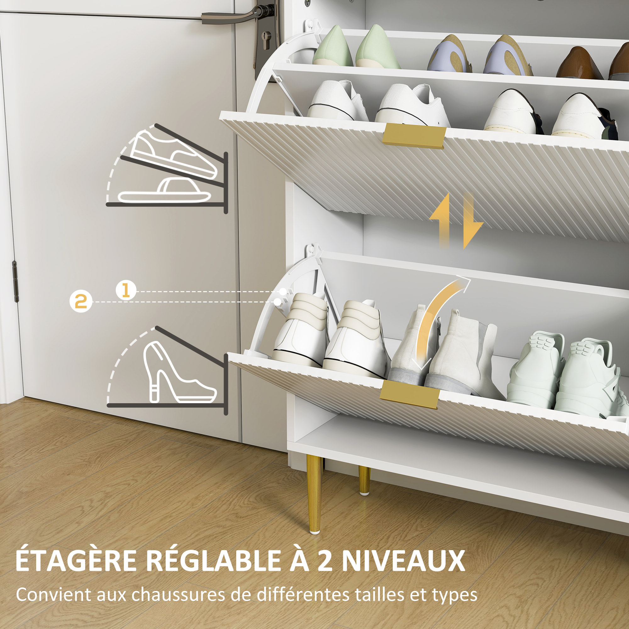 Meuble à chaussures style Art déco 2 portes piètement poignées métal doré 60 x 24 x 91,5 cm blanc