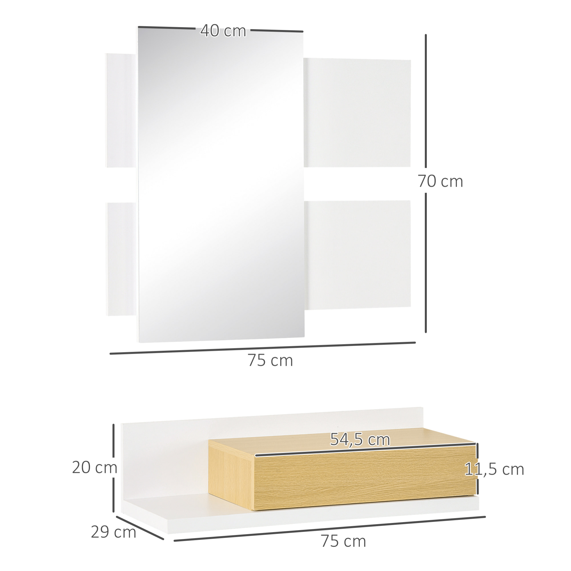 Juego de Muebles de Entrada Recibidor con Espejo y Cajón Estilo Moderno Recibidor Colgante para Pasillo 75x4x70 cm y 75x29x20 cm Blanco