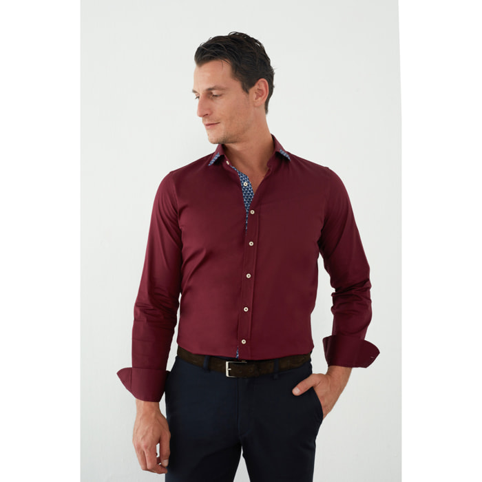Camicia Uomo 1 Bottone Francese Contrasto sul Collo Popeline Stretch Unito Bordeaux