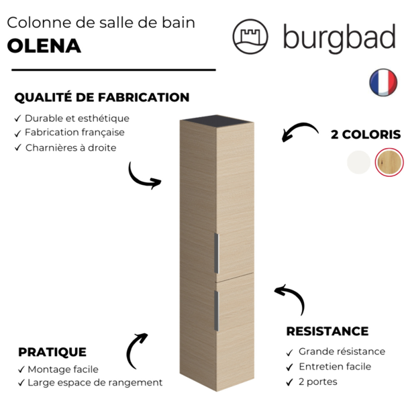 Colonne de salle de bain BURGBAD Olena 2 portes chêne clair